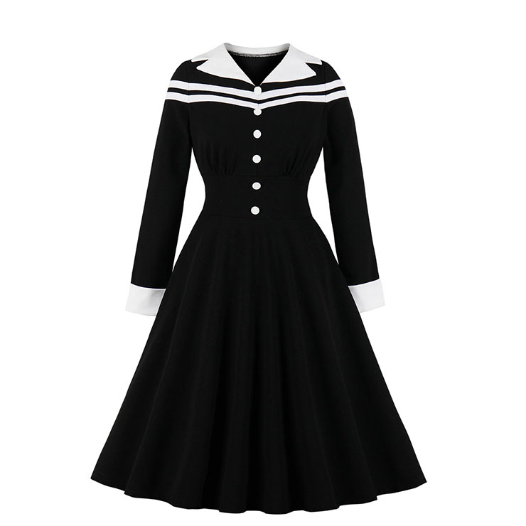 Vintage Women Black White Lapel Long Sleeve High Waist Button A-line Dress N19593