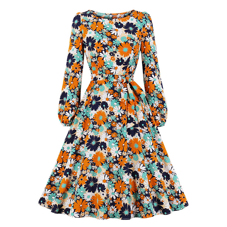 Vintage Round Neck Long Sleeve High Waist Lacing Daisy Print Autumn Swing Dress N20773