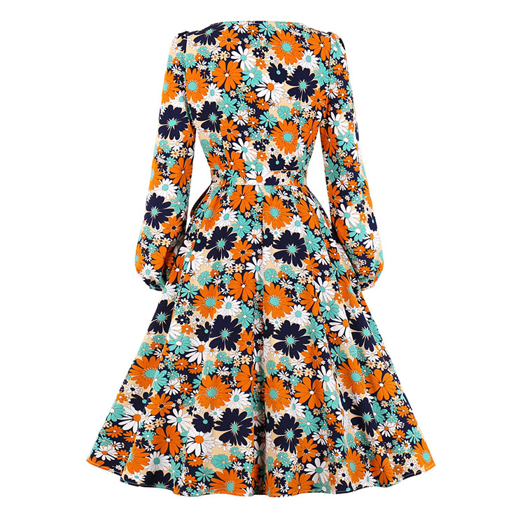 Sexy A-line Swing Dress, Fashion Dresses for Women, Cocktail Party Dress, Fashion Long Sleeve Swing Dresses, A-line Casul Dresses, Round Neck High Waist Dress, Printed A-Line Dress, #N20773
