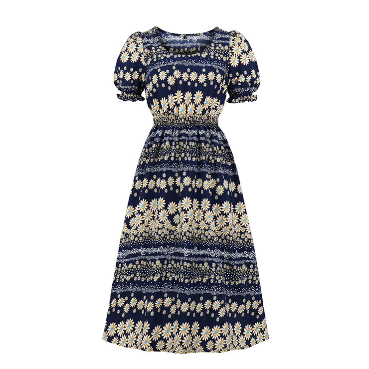 Fashion Dark-blue Round Neck Puff Sleeve Elastic Waist Daisy Print Autumn Swing Dress N20830