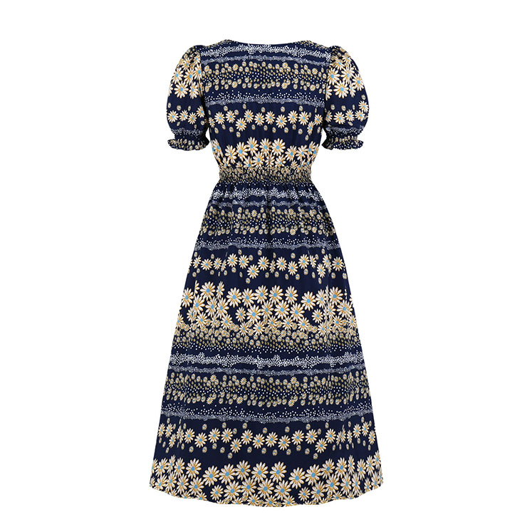 Sexy A-line Swing Dress, Fashion Dresses for Women, Cocktail Party Dress, Fashion Puff Sleeve Swing Dresses, A-line Casul Dresses, Round Neck Elastic Waist Dress, Printed A-Line Dress, #N20830