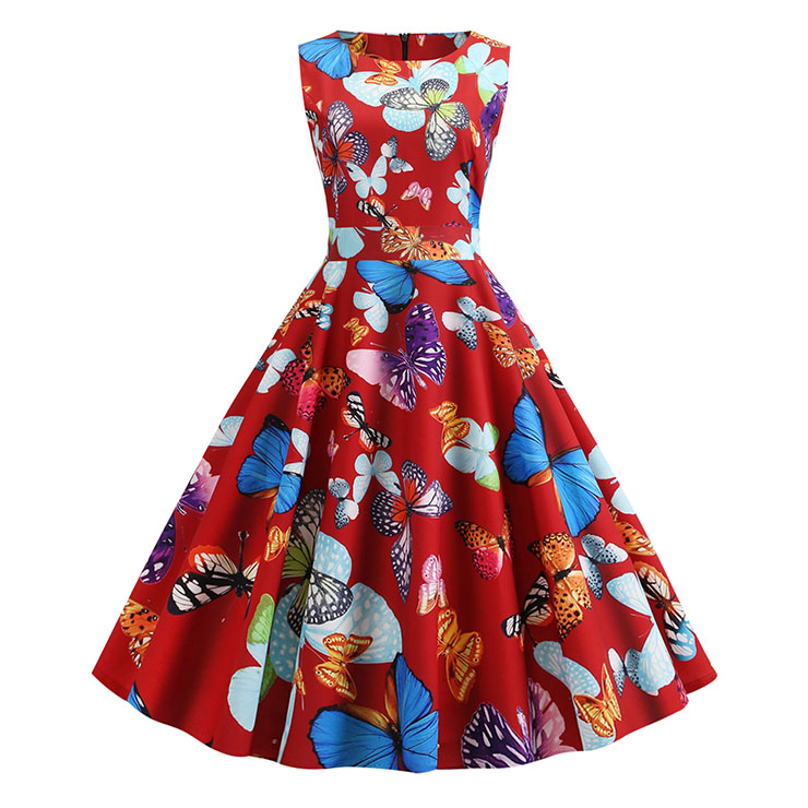 V-Neck Printed High Waist Swing Belt Dress