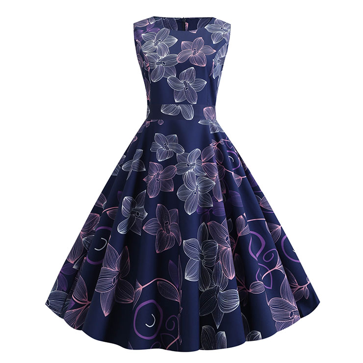 Vintage Floral Print Round Neck Sleeveless High Waist Belt Party Big Swing A-line Dress N20457
