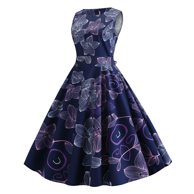 Vintage Dress for Women,Elegant Party Dress,Casual Midi Dress,Sexy Dresses for Women Cocktail Party,Sleeveless High Waist Swing Dress,Fashion Printed Dress,Round Neck Belt Big Swing Dress,#N20457