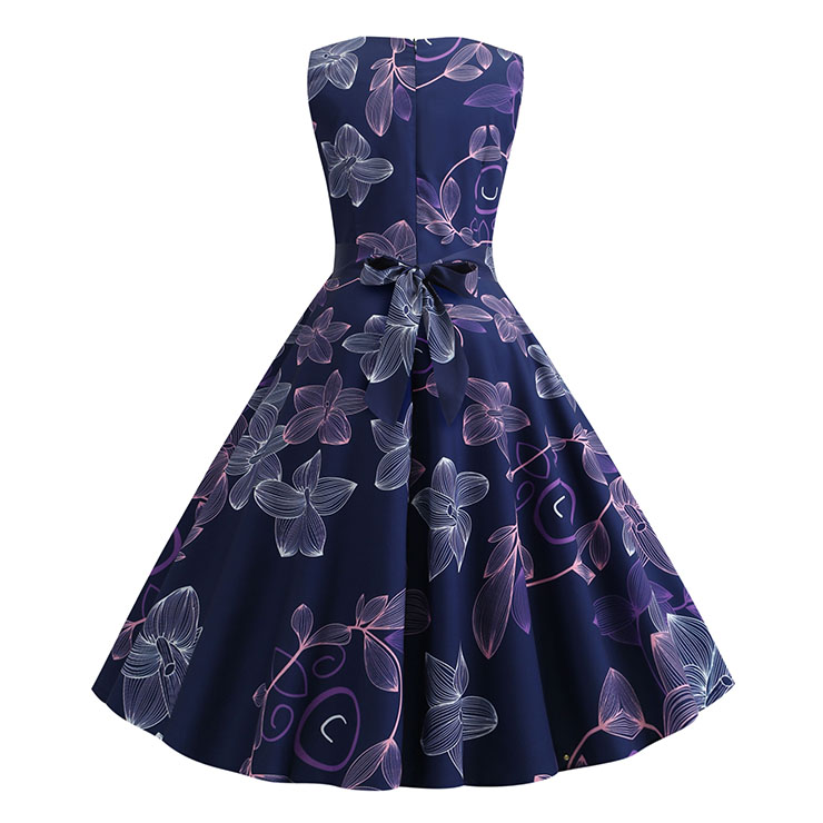 Vintage Dress for Women,Elegant Party Dress,Casual Midi Dress,Sexy Dresses for Women Cocktail Party,Sleeveless High Waist Swing Dress,Fashion Printed Dress,Round Neck Belt Big Swing Dress,#N20457