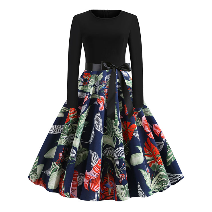 Vintage Leaves Flowers Print Splice Long Sleeve High Waist Belted Midi Dress N20325