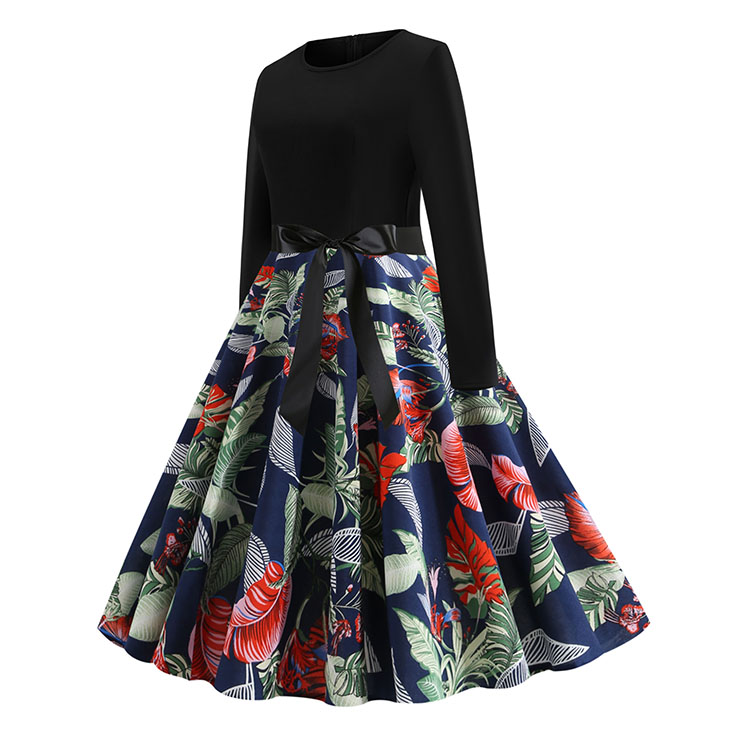 Vintage Dress for Women,Elegant Black Party Dress,Casual Midi Dress,Sexy Dresses for Women Cocktail Party,Long Sleeves High Waist Swing Dress,Printed Dress,Splice Dress,Round Neck Belt Big Swing Dress,#N20325