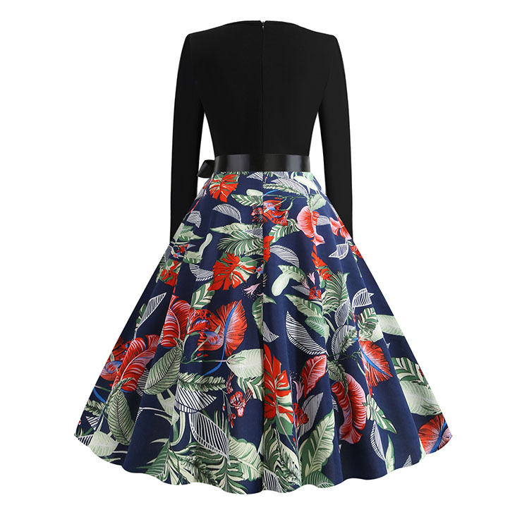 Vintage Leaves Flowers Print Splice Long Sleeve High Waist Belted Midi ...