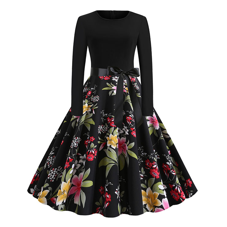 Vintage Floral Print Splice Long Sleeve High Waist Belted Midi Dress N20326