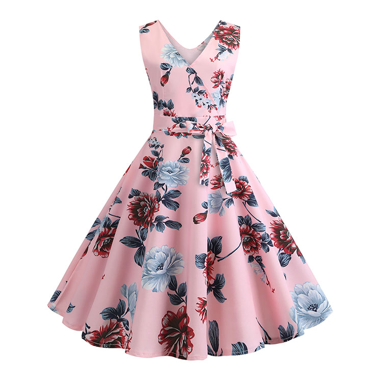 Elegant Floral Print Low-cut V Neck High Waist Belted Sleeveless Party ...