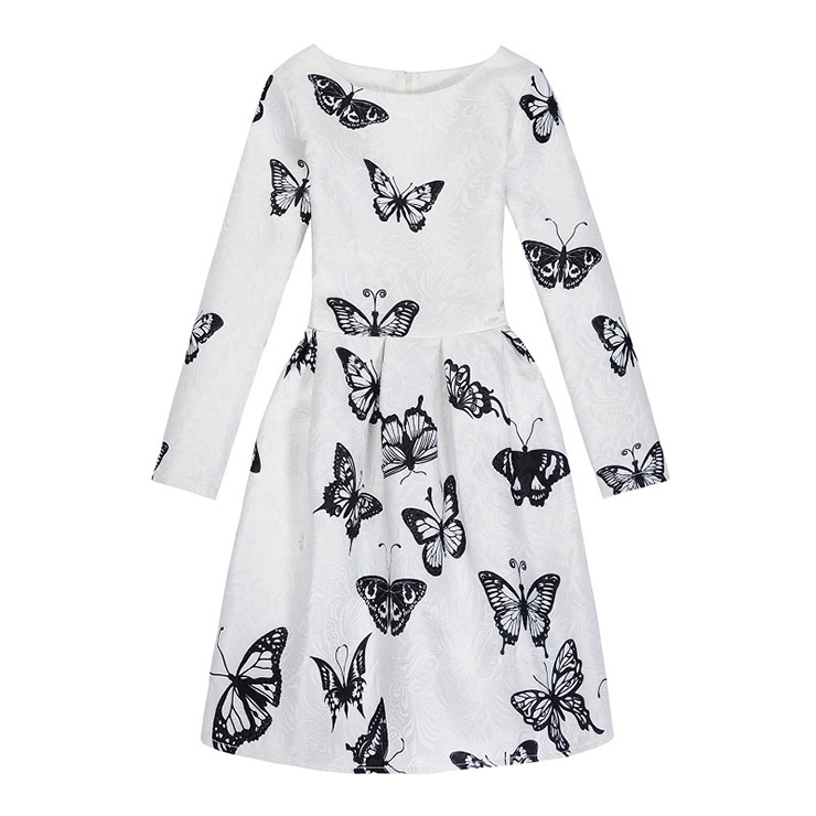 Girl's Vintage Black Butterfly Print Long Sleeve Round Collar Swing Dress N15499