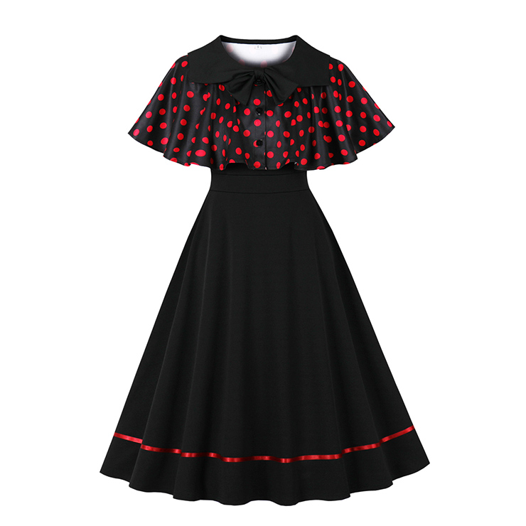 Vintage 2 - Piece Polka Dot & Black Dress Set (Peter Pan Collar Cape + Sleeveless A - line Dress) N23931