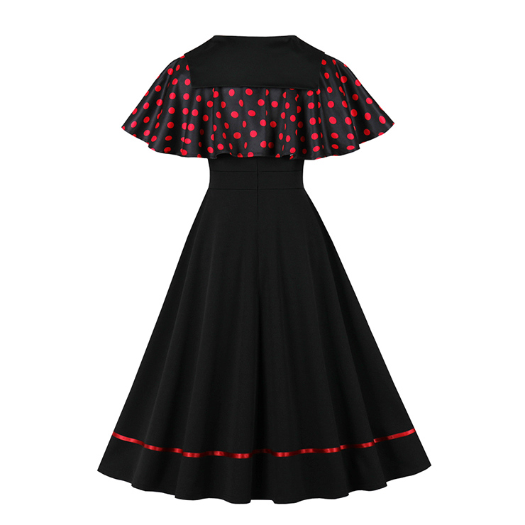 vintage dress set, 2 - piece dress, polka dot cape, Peter Pan collar, black sleeveless dress, A - line skirt, red polka dot, retro fashion, vintage clothing, party dress, tea party outfit, elegant dress, coordinated set, bow - tie cape, hem trim dress #N23931