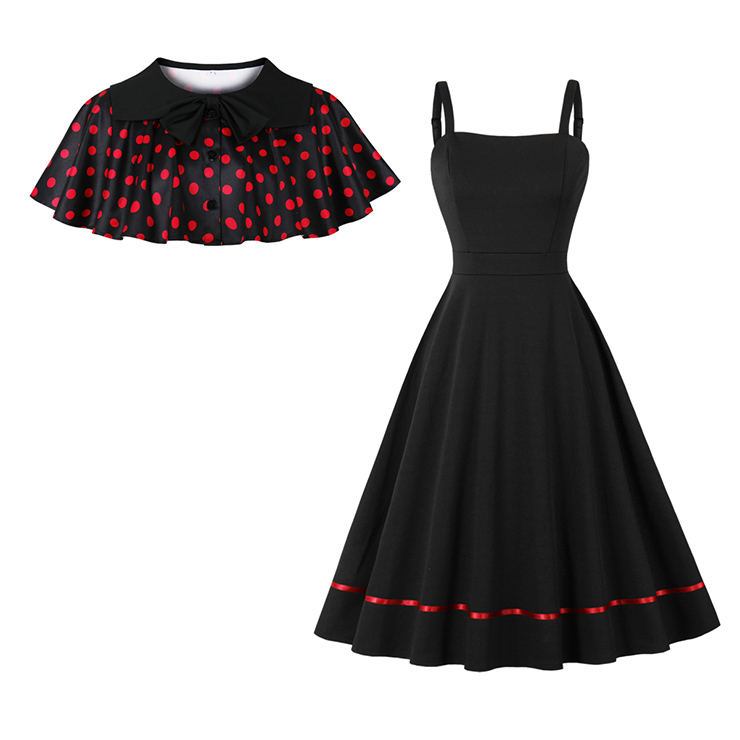 vintage dress set, 2 - piece dress, polka dot cape, Peter Pan collar, black sleeveless dress, A - line skirt, red polka dot, retro fashion, vintage clothing, party dress, tea party outfit, elegant dress, coordinated set, bow - tie cape, hem trim dress #N23931