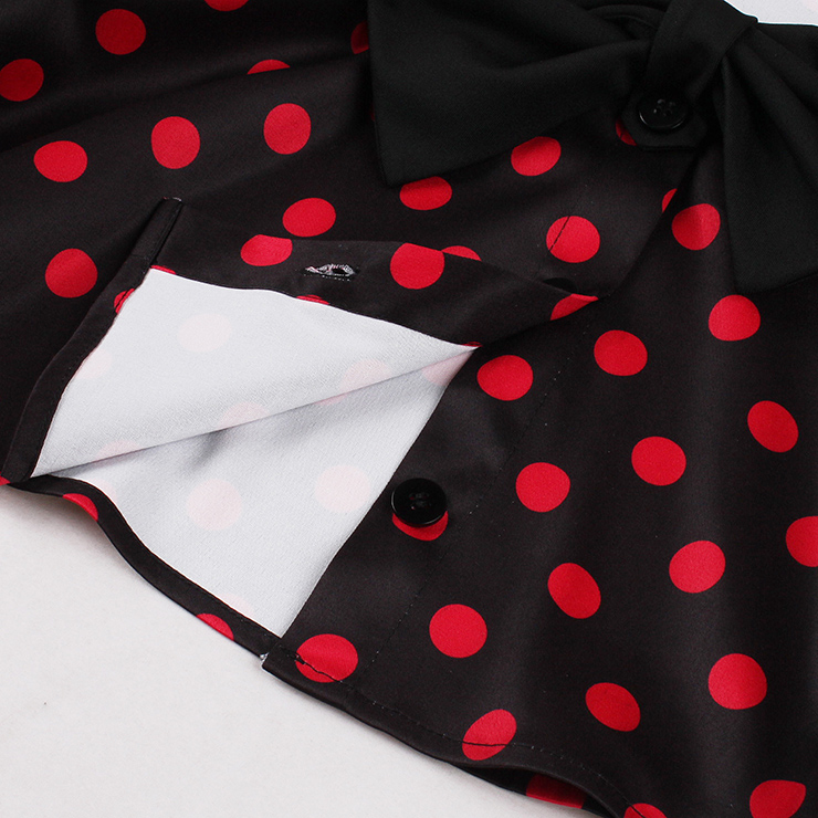 vintage dress set, 2 - piece dress, polka dot cape, Peter Pan collar, black sleeveless dress, A - line skirt, red polka dot, retro fashion, vintage clothing, party dress, tea party outfit, elegant dress, coordinated set, bow - tie cape, hem trim dress #N23931