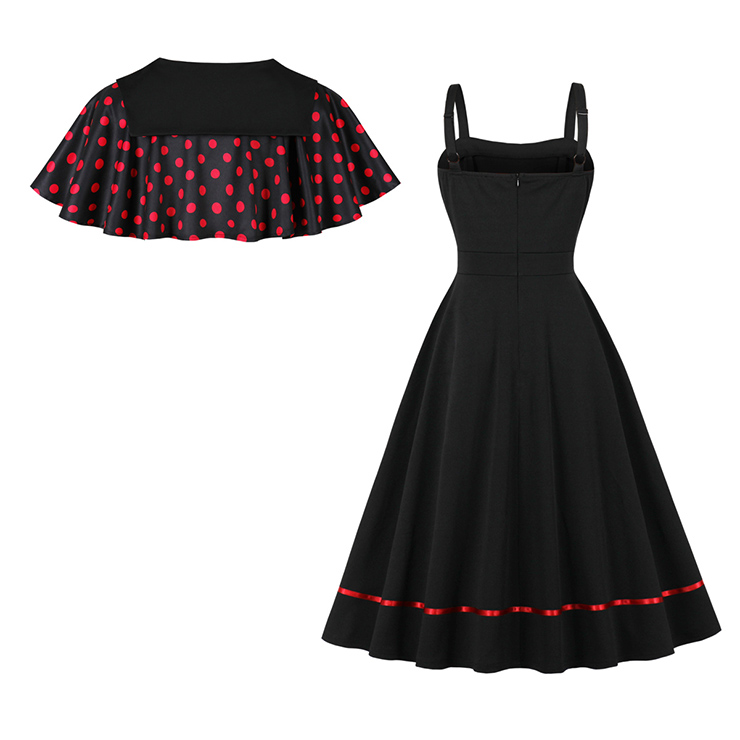 vintage dress set, 2 - piece dress, polka dot cape, Peter Pan collar, black sleeveless dress, A - line skirt, red polka dot, retro fashion, vintage clothing, party dress, tea party outfit, elegant dress, coordinated set, bow - tie cape, hem trim dress #N23931