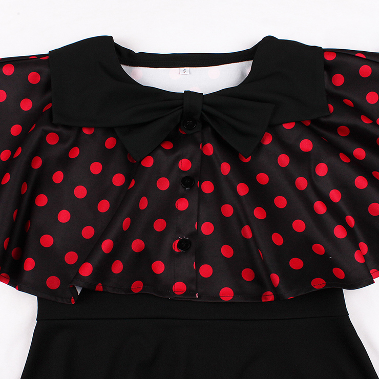 vintage dress set, 2 - piece dress, polka dot cape, Peter Pan collar, black sleeveless dress, A - line skirt, red polka dot, retro fashion, vintage clothing, party dress, tea party outfit, elegant dress, coordinated set, bow - tie cape, hem trim dress #N23931