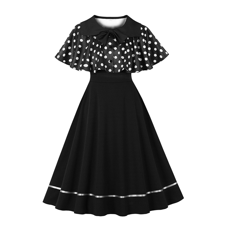 Vintage 2 - Piece Polka Dot & Black Dress Set (Peter Pan Collar Cape + Sleeveless A - line Dress) N23934