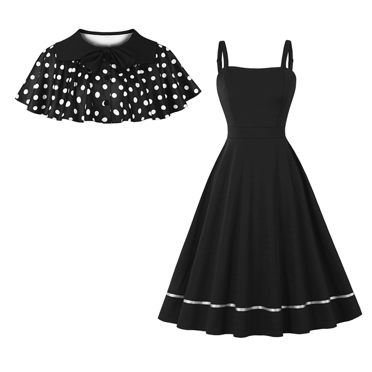 vintage dress set, 2 - piece dress, polka dot cape, Peter Pan collar, black dress, sleeveless A - line dress, white polka dot, retro fashion, vintage clothing, party dress, cocktail outfit, elegant dress, coordinated set, bow - tie cape, hem trim dress #N23934