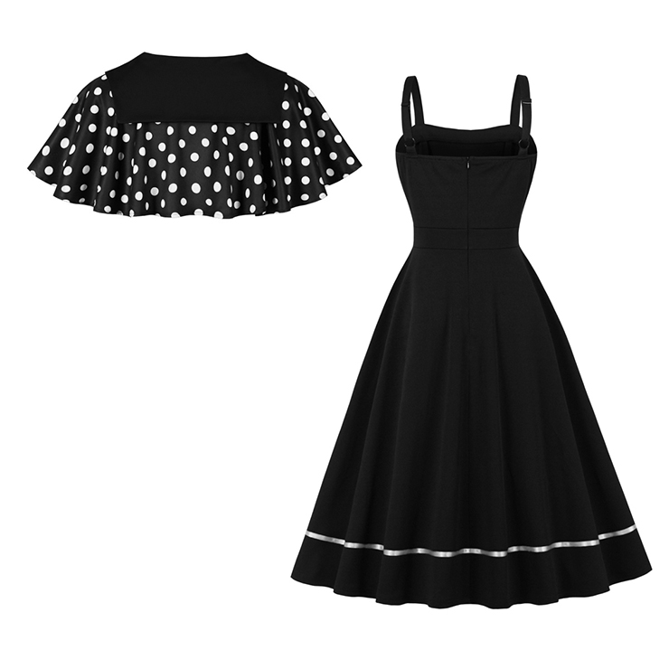 vintage dress set, 2 - piece dress, polka dot cape, Peter Pan collar, black dress, sleeveless A - line dress, white polka dot, retro fashion, vintage clothing, party dress, cocktail outfit, elegant dress, coordinated set, bow - tie cape, hem trim dress #N23934
