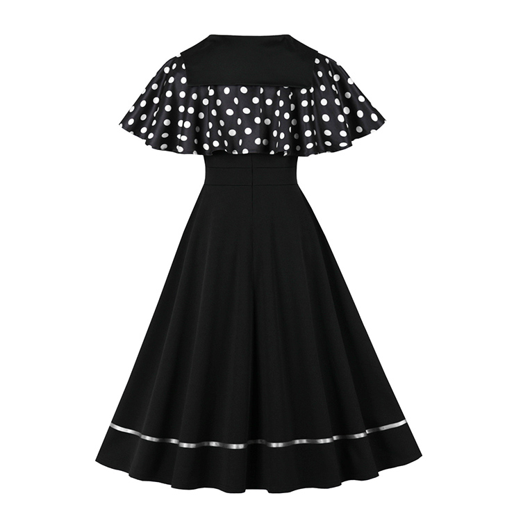 vintage dress set, 2 - piece dress, polka dot cape, Peter Pan collar, black dress, sleeveless A - line dress, white polka dot, retro fashion, vintage clothing, party dress, cocktail outfit, elegant dress, coordinated set, bow - tie cape, hem trim dress #N23934