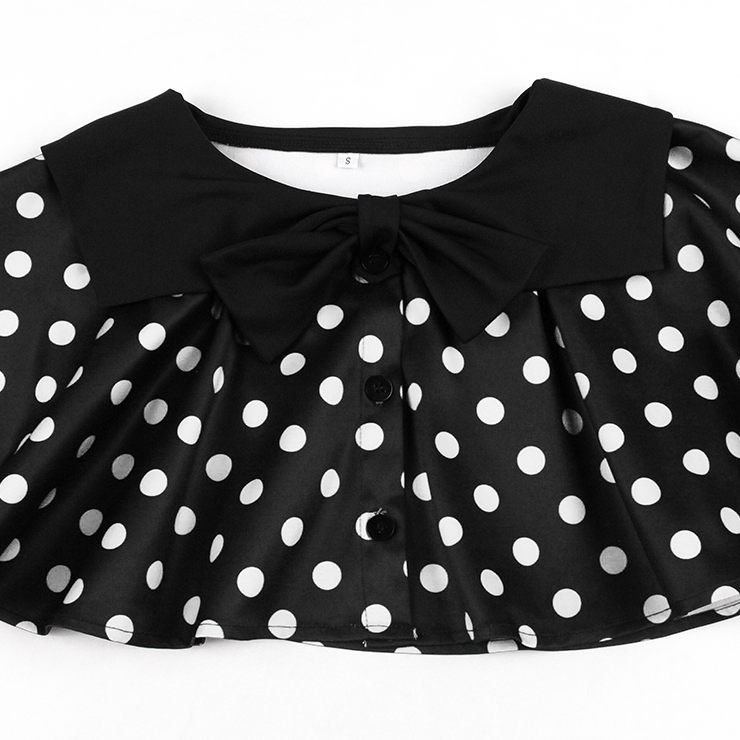 vintage dress set, 2 - piece dress, polka dot cape, Peter Pan collar, black dress, sleeveless A - line dress, white polka dot, retro fashion, vintage clothing, party dress, cocktail outfit, elegant dress, coordinated set, bow - tie cape, hem trim dress #N23934