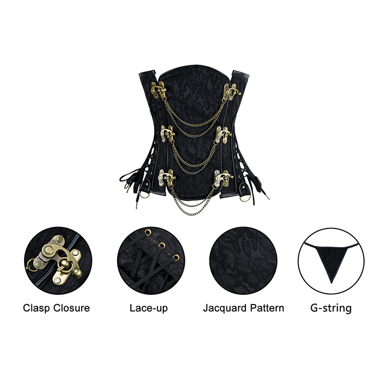 Sexy Black Underbust Corset, Steel Boned Corset, Cheap Waist Cincher Corset, Vintage Jacquard Underbust Corset, Steampunk Corset, Steel Boned Waist Cincher #N10871