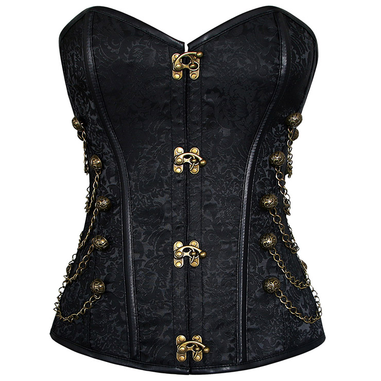Vintage Black Steel Bone Jacquard Weave Fabric Overbust Corset N10069
