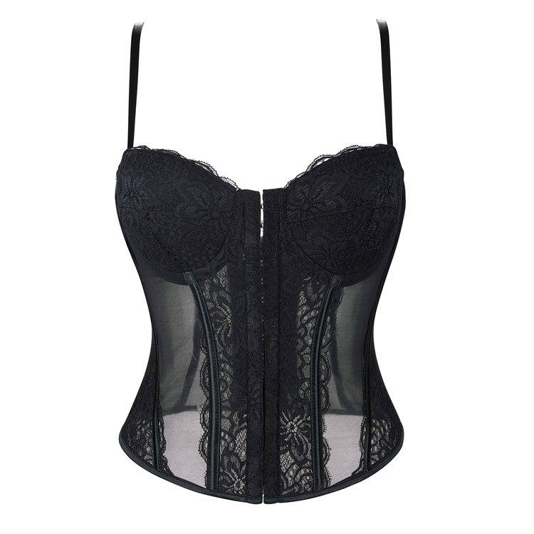 Black Lace Corset​​ - Adjustable Underbust Bustier with Sheer Panels N23792