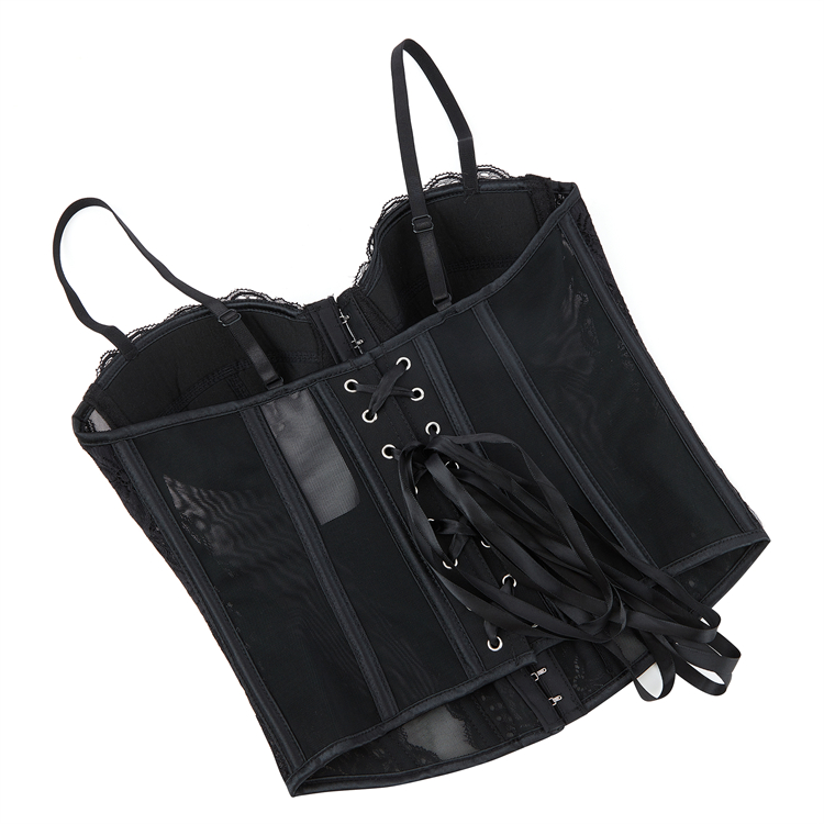 Lace corset, Adjustable bustier, Sheer mesh lingerie, Vintage corset top, Front zipper corset, Burlesque performance, Romantic intimate wear, Pin-up style, Gothic lingerie, Elegant shapewear #N23792