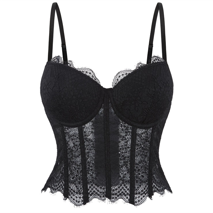 black corset top, sheer mesh corset, lace bustier, boned bodice, adjustable spaghetti straps, front clasp top, lingerie inspired top, women