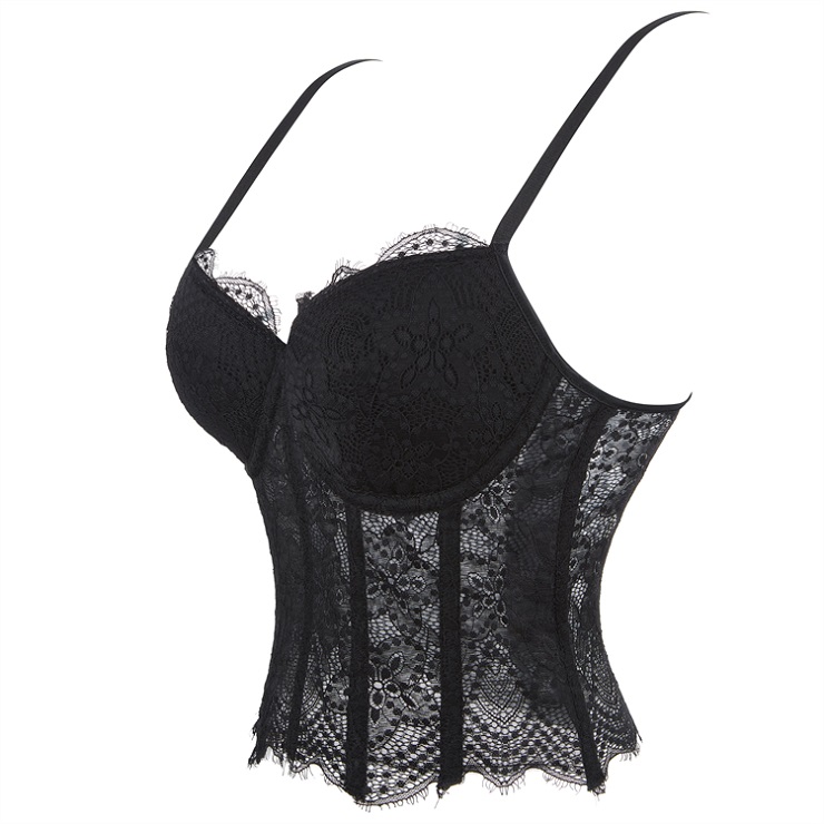 black corset top, sheer mesh corset, lace bustier, boned bodice, adjustable spaghetti straps, front clasp top, lingerie inspired top, women