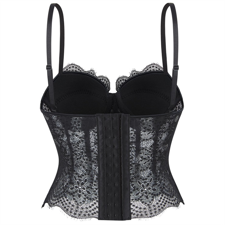 black corset top, sheer mesh corset, lace bustier, boned bodice, adjustable spaghetti straps, front clasp top, lingerie inspired top, women