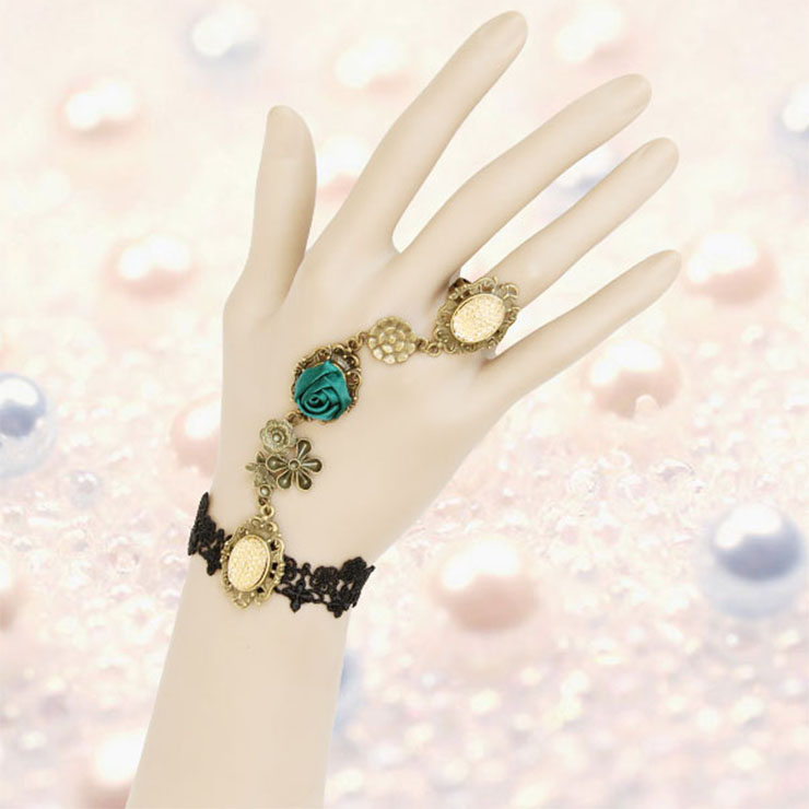 Vintage Bracelet, Gothic Green Rose Bracelet, Cheap Wristband, Gothic Black Bracelet, Victorian Black Lace Bracelet, Retro Black Wristband, Bracelet with Ring, #J18119