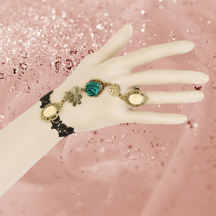 Vintage Bracelet, Gothic Green Rose Bracelet, Cheap Wristband, Gothic Black Bracelet, Victorian Black Lace Bracelet, Retro Black Wristband, Bracelet with Ring, #J18119