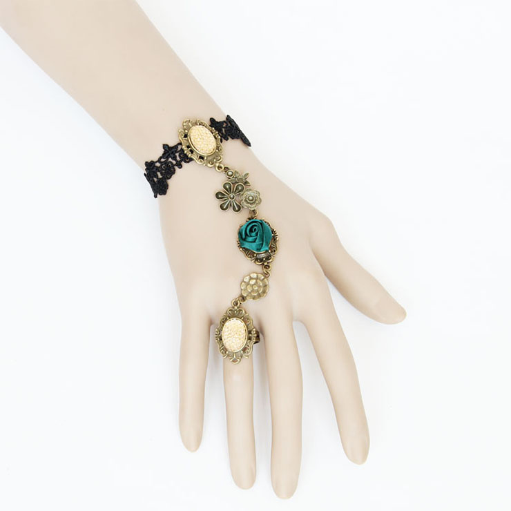 Vintage Bracelet, Gothic Green Rose Bracelet, Cheap Wristband, Gothic Black Bracelet, Victorian Black Lace Bracelet, Retro Black Wristband, Bracelet with Ring, #J18119