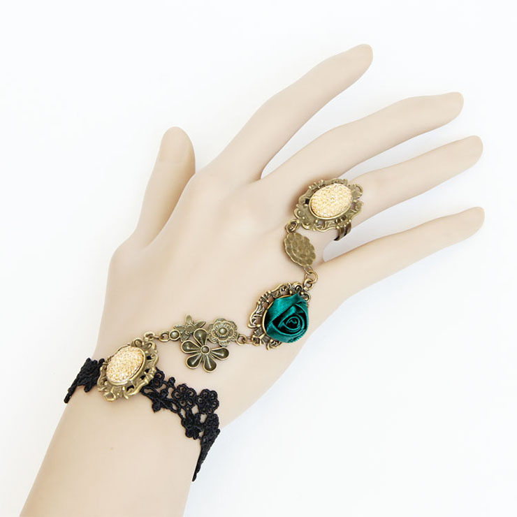 Vintage Bracelet, Gothic Green Rose Bracelet, Cheap Wristband, Gothic Black Bracelet, Victorian Black Lace Bracelet, Retro Black Wristband, Bracelet with Ring, #J18119