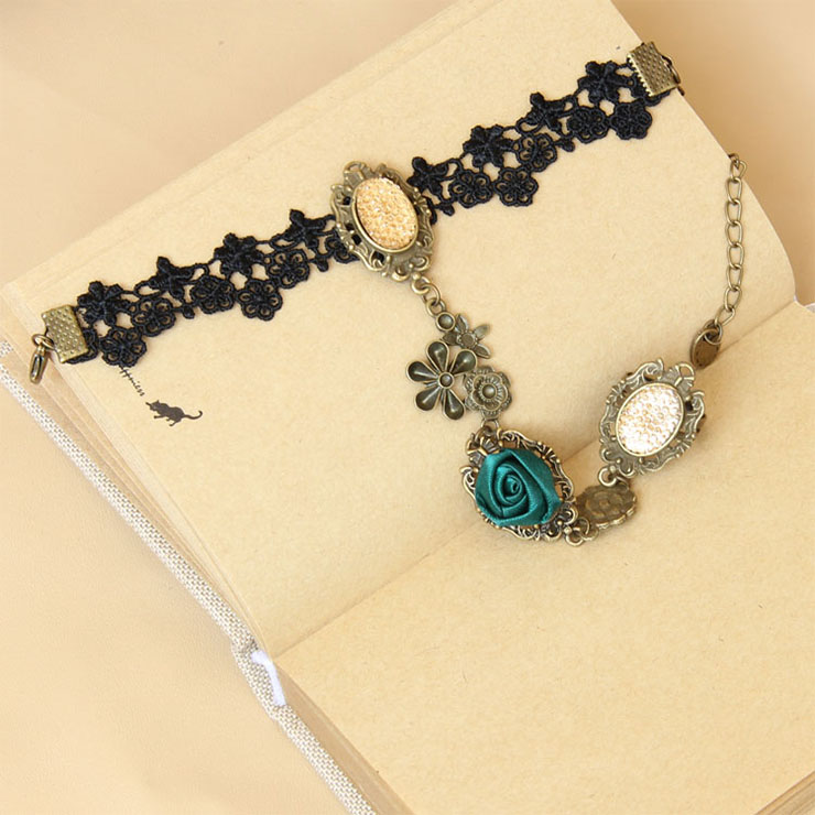 Vintage Bracelet, Gothic Green Rose Bracelet, Cheap Wristband, Gothic Black Bracelet, Victorian Black Lace Bracelet, Retro Black Wristband, Bracelet with Ring, #J18119