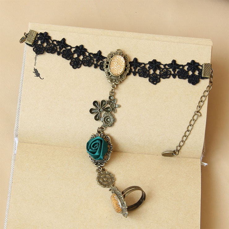 Vintage Bracelet, Gothic Green Rose Bracelet, Cheap Wristband, Gothic Black Bracelet, Victorian Black Lace Bracelet, Retro Black Wristband, Bracelet with Ring, #J18119