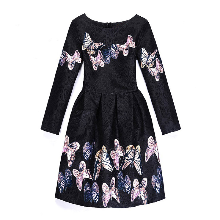 Girl's Vintage Black Long Sleeve Round Collar Cute Butterfly Pattern A-Line Dress N15521