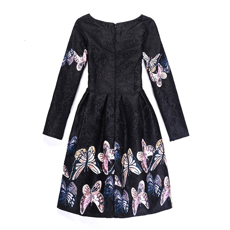 Rose Print Dress, Long Sleeve Dress, Round Collar Dress, Girls Lovely Dress, Vintage Dresses for Girls, Girls Swing Dress, Back Zipper Dress, A-Line Dress, #N15521
