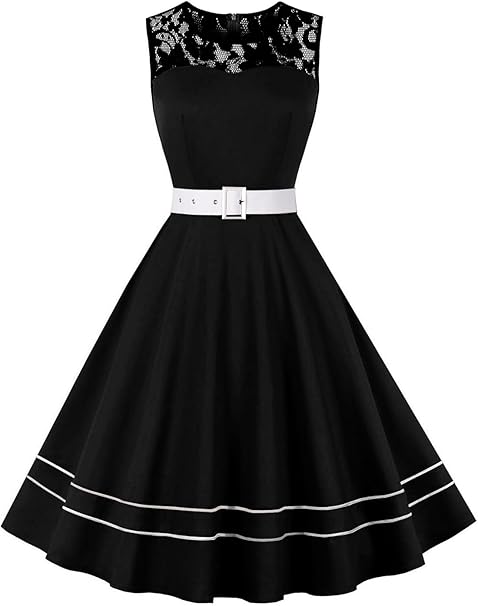 vintage style, black dress, lace collar, wide white belt, waist-cinching, A-line silhouette, flared skirt, white stripe trim, retro elegance, breathable fabric #N23828