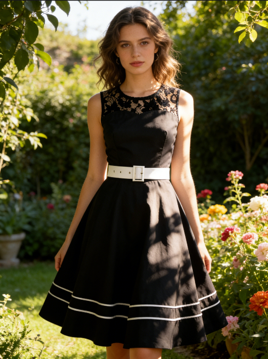 vintage style, black dress, lace collar, wide white belt, waist-cinching, A-line silhouette, flared skirt, white stripe trim, retro elegance, breathable fabric #N23828