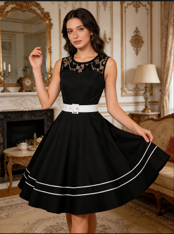 vintage style, black dress, lace collar, wide white belt, waist-cinching, A-line silhouette, flared skirt, white stripe trim, retro elegance, breathable fabric #N23828