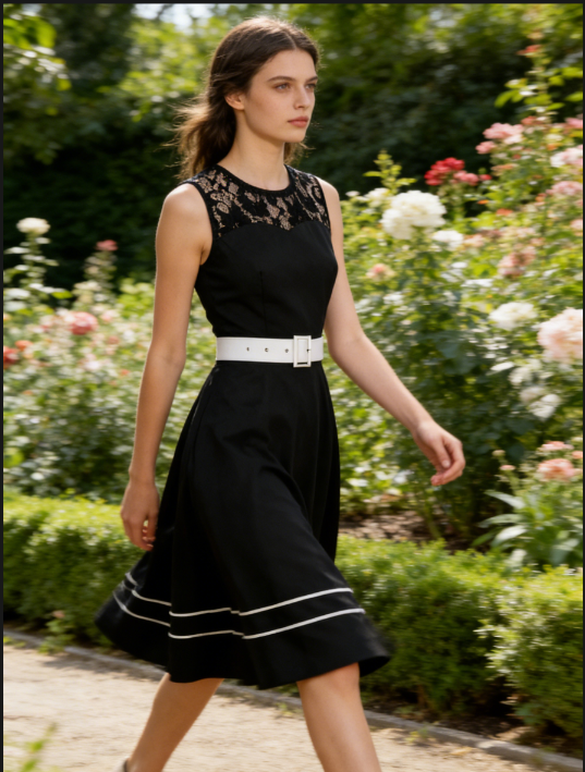 vintage style, black dress, lace collar, wide white belt, waist-cinching, A-line silhouette, flared skirt, white stripe trim, retro elegance, breathable fabric #N23828