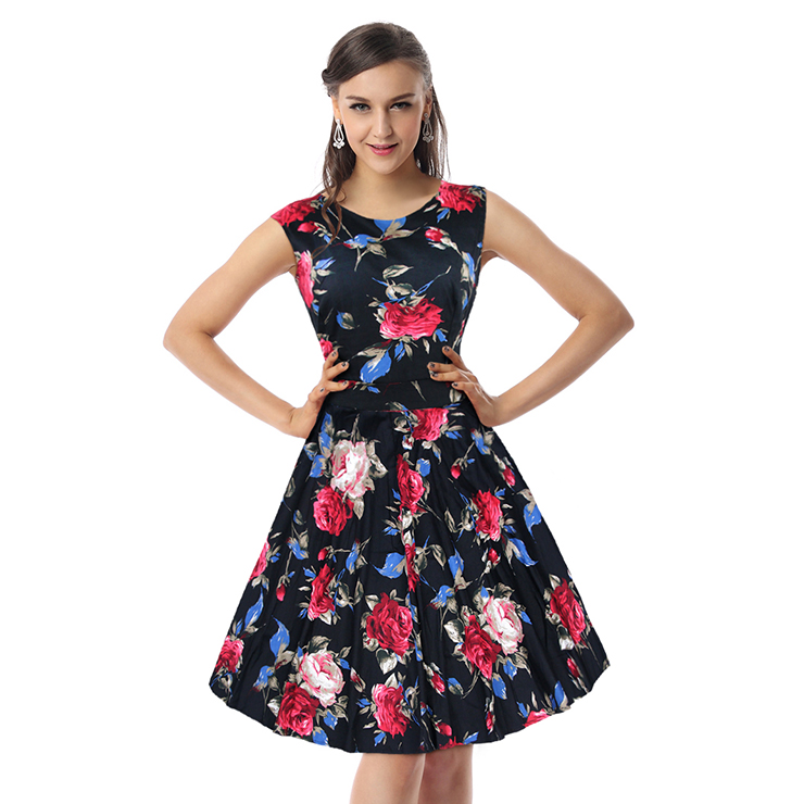 Elegant 1950's Vintage Floral Print Sleeveless Casual Cocktail Party Swing Dress N11520