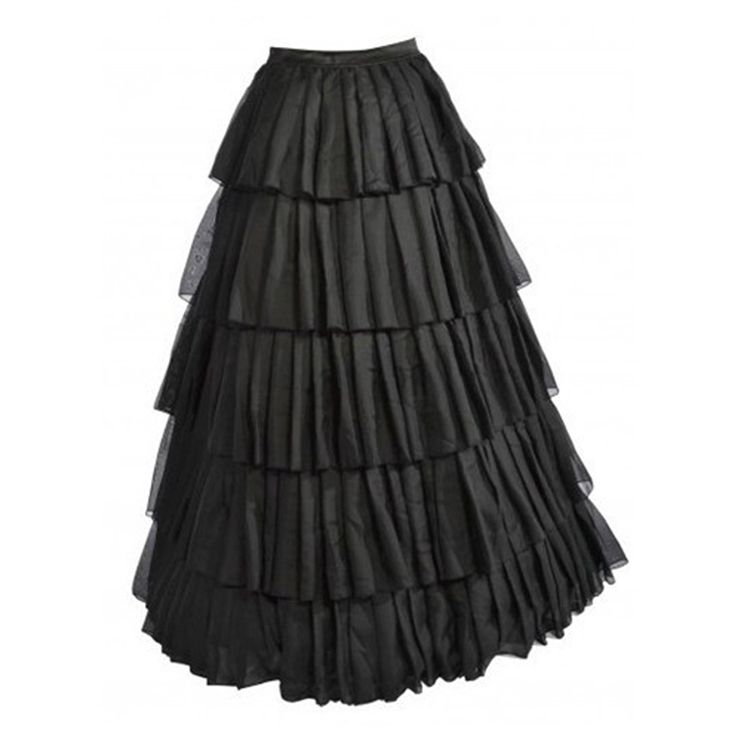 Vintage Black Satin Multi-layer Ruffles Floor-length Maxi Skirt  HG10569