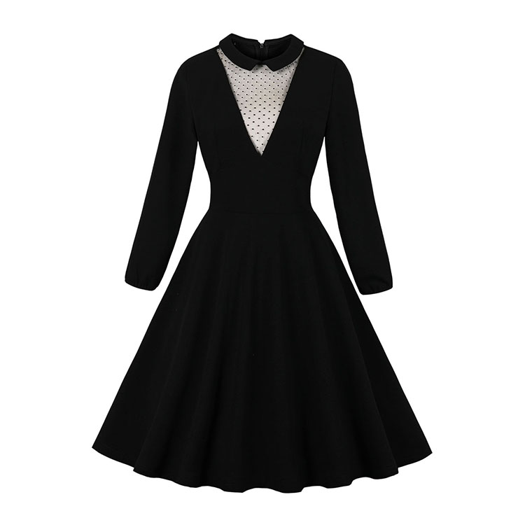 Sexy Black Lapel Sheer Mesh Spliced Low-cut Long Sleeve Party Midi Dress N19515