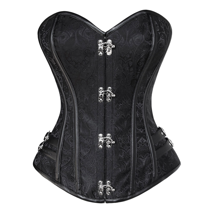 Vintage Black Steel Bone Embroidery Design Busk Closure Overbust Corset N10316