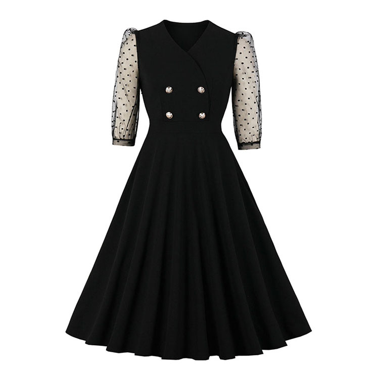 Sexy Black V Neckline Sheer Polka Dots Mesh 3/4 Sleeve High Waist Party Midi Dress N20831